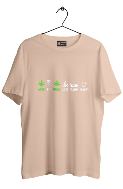 Men`s t-shirt with prints Eat, love, sleep, repeat. Dream, eat, love, pizza, repeat, sex, sleep, weed. 2070702