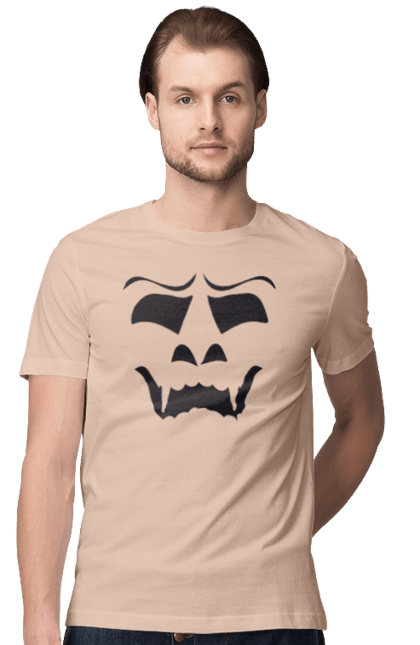 Men's t-shirt with prints Halloween pumpkin face. Costume, halloween, holiday, october, october 31, pumpkin, scary, sweets, trick or treat. 2070702