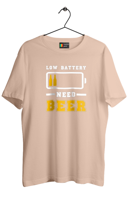 Футболка чоловіча з принтом "Low battery need beer". Алкоголь, брутальні, літні, пиво, прикольні принти, чоловічі. 2070702