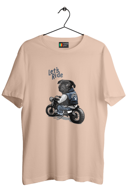 Футболка чоловіча з принтом "Мопс на мотоциклі". Байкер, мопс, мотоцикл, собака, тварини. 2070702