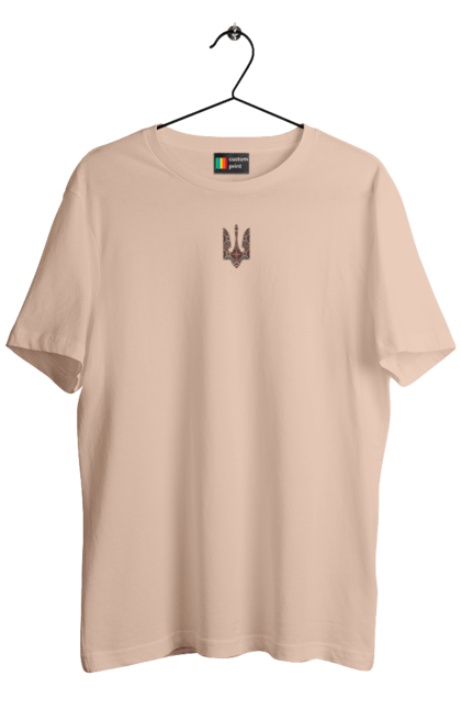 Men`s t-shirt with prints Vyshyvanka coat of arms. Actual, emblem, embroidered shirt, symbolics, ukrainian, unusual, war. 2070702