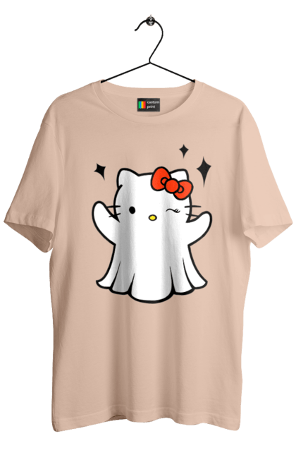 Футболка мужская с принтом Хелло Китти Хэллоуин. Ghost, halloween, hello kitty, бренд, кот, котенок, персонаж, привидение, хелло китти, хэллоуин. 2070702