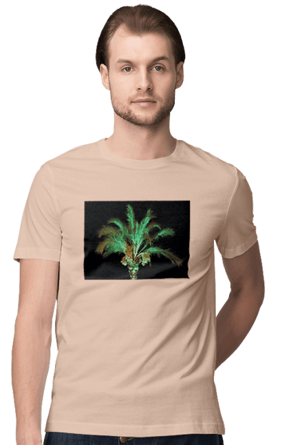 Футболка чоловіча з принтом "Фінікова Пальма Вночі". Берег, відпочинок, відпустка, зелений, море, ніч, оазис, океан, острів, пальма, південь, подорож, пригоди, тропіки, фінікова, чорне. 2070702