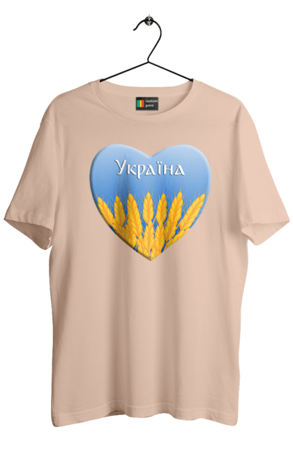 Футболка чоловіча з принтом "Серце з колосками Україна". Воля, колоски, небо, перемога, прапор україни, пшениця, серце, символ україни, україна. 2070702