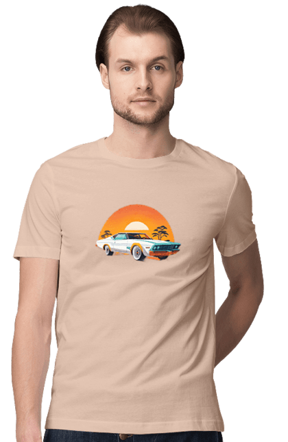 Men`s t-shirt with prints Beautiful car at sunset. Auto, decline, sun. 2070702