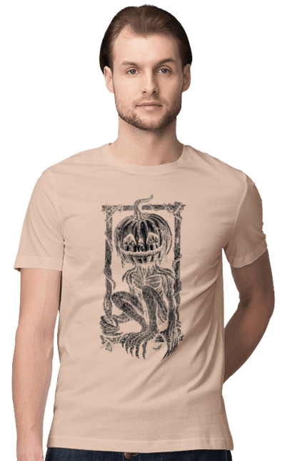 Men's t-shirt with prints Scarecrow. Autumn, claws, frame, halloween, horror, pumpkin, scarecrow, skeleton, smile. 2070702