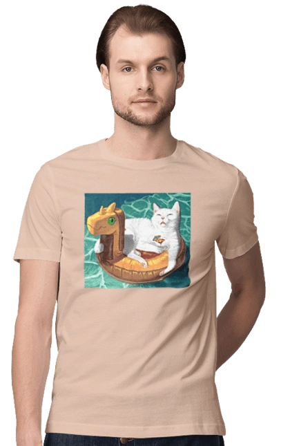 White cat in a swimming circle on vacation