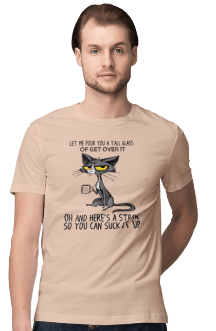 Men`s t-shirt with prints How to survive it?. Cat and mug, drink, everything is fine, go fuck yourself, large glass, meditation, pour, suck. 2070702