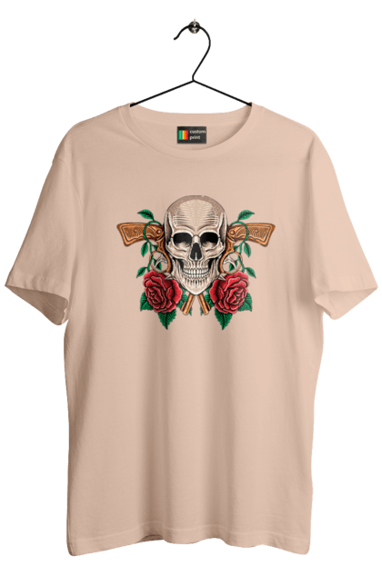 Men's t-shirt with prints Skull with roses. Bones, eyes, flowers, gun, leaves, rose flower, scull, spikes, teeth. 2070702