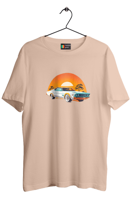 Men`s t-shirt with prints Beautiful car at sunset. Auto, decline, sun. 2070702