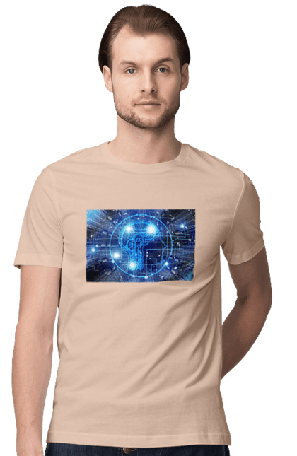 Футболка чоловіча з принтом "Штучний інтелект". Айті, айтішник, гік, знання, інженер, інтелект, кібер, кібернетика, кіборг, код, комп, комп`ютерник, кристал, машинне навчання, мікросхема, мозок, портрет, програміст, професіонал, професія, розробник, розум, хакер, чіп, штучний інтелект, штучний розум. 2070702