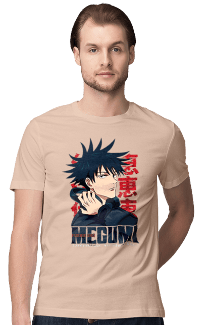 Men's t-shirt with prints Jujutsu Kaisen Megumi. Anime, dark fantasy, fushiguro, fushiguro megumi, jujutsu kaisen, magic battle, manga, megumi, mystic. 2070702