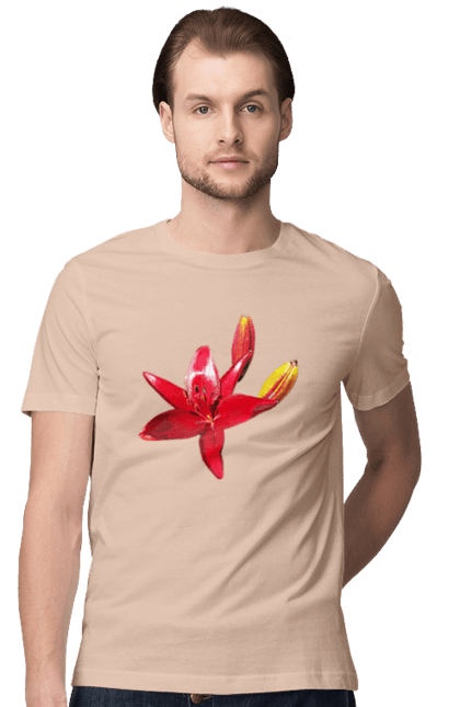 Футболка чоловіча з принтом "Червона лілія". Бутон, квітка, колір, лілія, природа, сонячний, червона квітка, червона лілія, червоний, яскравий. 2070702