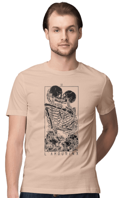 Men's t-shirt with prints Skeletons in love. Bones, kiss, love, scull, skeletons, tarot, teeth. 2070702