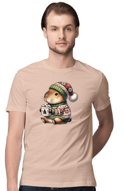 Men's t-shirt with prints Capybara with hot chocolate. Animal, capybara, christmas, christmas capybara, gift, holiday, hot chocolate, new year, santa. 2070702