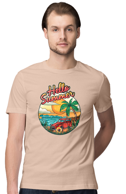 Футболка чоловіча з принтом "Привіт Літо, Машина Біля Моря". Літо, машина, острів, пальма, пляж. 2070702