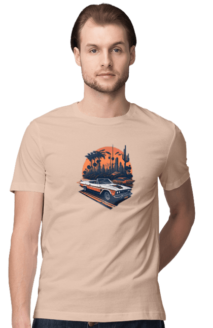 Футболка мужская с принтом Красивая машина на закате. Авто, закат, закат, отклонить, солнце. 2070702