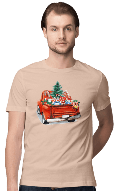 Men`s t-shirt with prints Car with gifts. Car, christmas, new year, presents, santa, tree. 2070702
