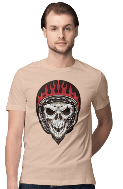 Men`s t-shirt with prints Skull in a motorcycle helmet. Helmet, moto, skeleton, skull. 2070702