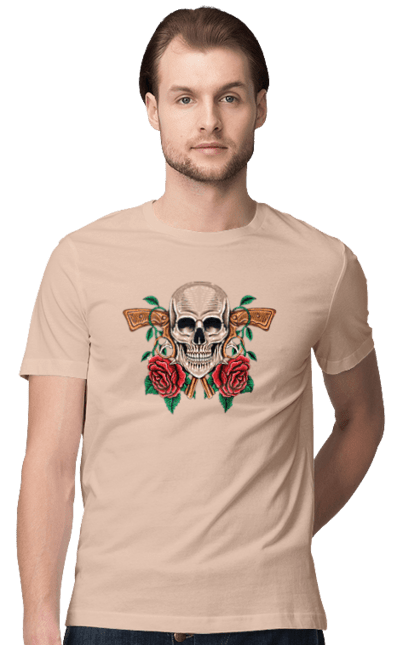 Men's t-shirt with prints Skull with roses. Bones, eyes, flowers, gun, leaves, rose flower, scull, spikes, teeth. 2070702