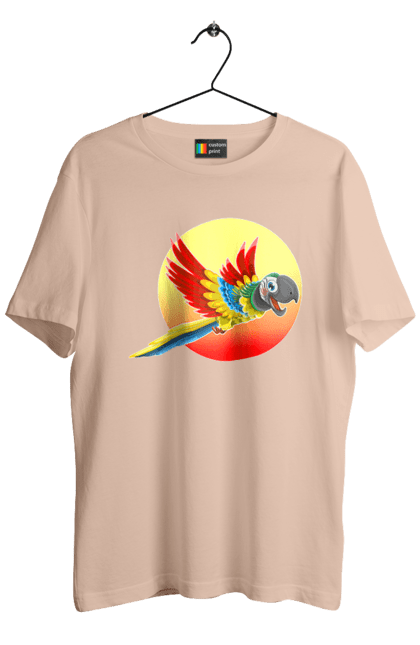 Футболка чоловіча з принтом "Папуга На Тлі Сонця". Ара, веселий, відпочинок, відпустка, диск, жарко, жовтий, коло, кольоровий, крила, літає, літо, папуга, папужка, пір`я, політ, помаранчевий, птах, різнокольоровий, сонце, сонячно, спека, тепло, тропіки, у польоті, червоний. 2070702