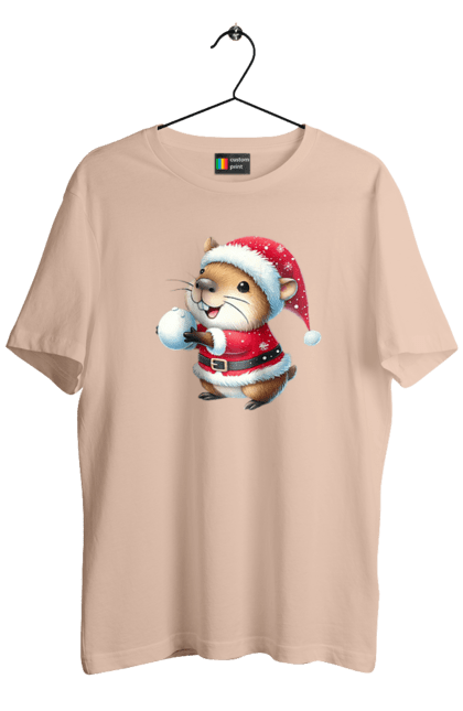 Men's t-shirt with prints Capybara playing snowballs. Animal, capybara, christmas, christmas capybara, game, gift, holiday, new year, santa, snowballs. 2070702