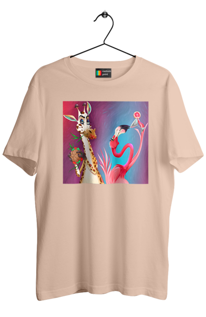 Men`s t-shirt with prints Giraffe And Flamingo At The Party. Cocktail, flamingo, food, giraffe. 2070702