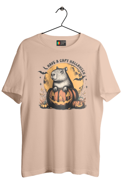 Men's t-shirt with prints Capybara Halloween. Animal, capybara, halloween, holiday, moon, pumpkin, rodent. 2070702