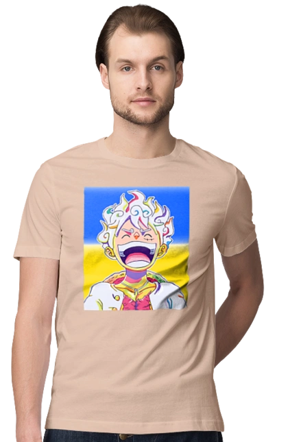 Monkey D Luffy laughing on a yellow blue background