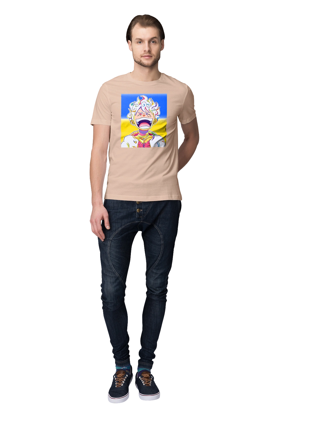 Monkey D Luffy laughing on a yellow blue background