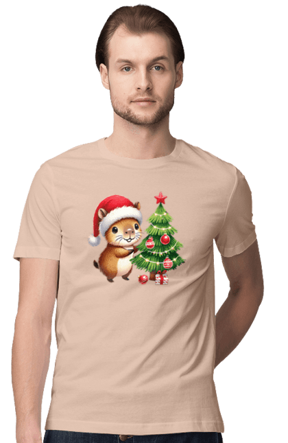 Men's t-shirt with prints Christmas Capybara with a Tree. Animal, capybara, christmas, christmas capybara, christmas tree, gift, holiday, new year, new year`s gift, santa. 2070702