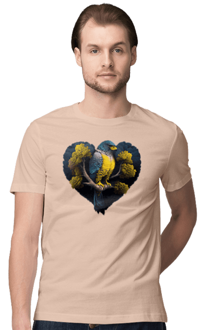 Men`s t-shirt with prints Blue and yellow falcon. Falcon, flag of ukraine, heart, symbol of ukraine, tree, ukraine. 2070702
