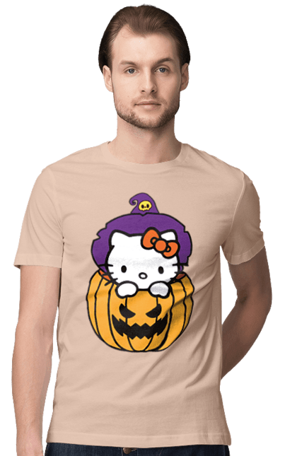 Футболка мужская с принтом Хелло Китти Хэллоуин. Halloween, hello kitty, witch, бренд, ведьма, кот, котенок, персонаж, хелло китти, хэллоуин. 2070702