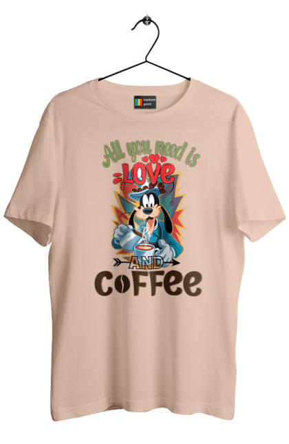 Men's t-shirt with prints Goofy Coffee. Animated series, cartoon, coffee, cup, disney, dog, goofy. 2070702