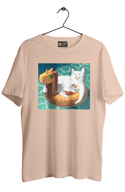 Футболка чоловіча з принтом "Білий кіт у плавальному колі, на відпочинку". Басейн, відпочинок, кіт, коктейль, море, плавальний круг. 2070702