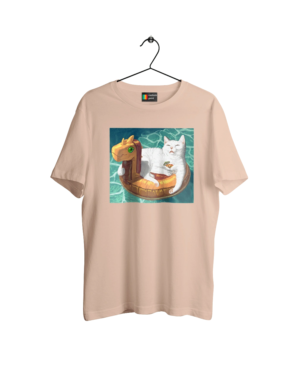 White cat in a swimming circle on vacation