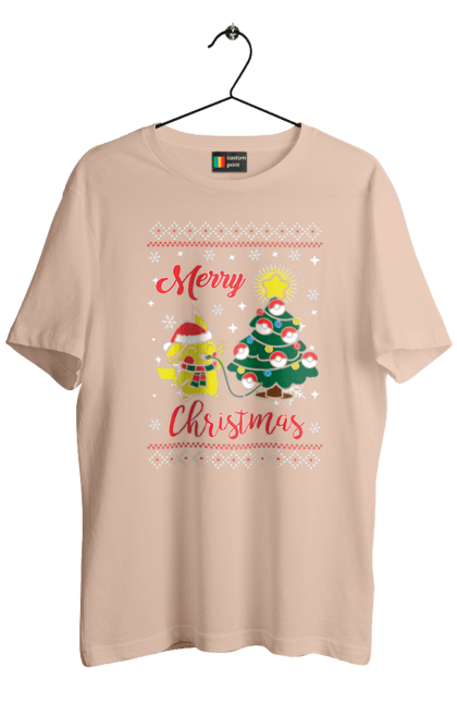 Men`s t-shirt with prints Pikachu Merry Christmas. Anime, christmas, game, manga, merry christmas, nintendo, pikachu, pokemon. 2070702