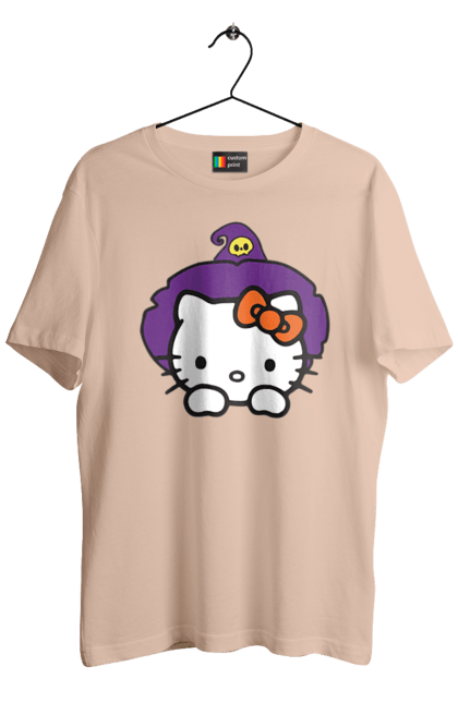 Футболка мужская с принтом Хелло Китти Хэллоуин. Halloween, hello kitty, witch, бренд, ведьма, кот, котенок, персонаж, хелло китти, хэллоуин. 2070702