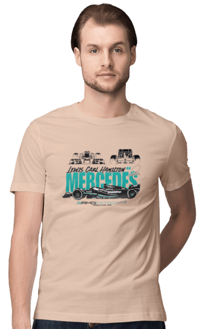 Men's t-shirt with prints Mercedes AMG Petronas F1 Team. Amg petronas, bolide, f1 team, formula 1, mercedes, motorsport, race, racing car, sport. 2070702