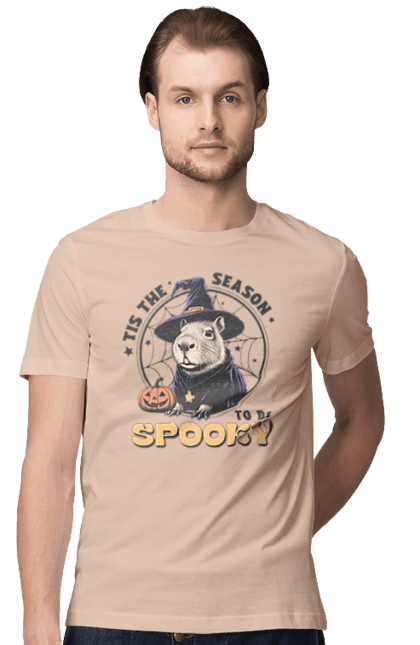 Men's t-shirt with prints Capybara Halloween. Animal, capybara, ghost, halloween, holiday, moon, pumpkin, rodent, witch. 2070702