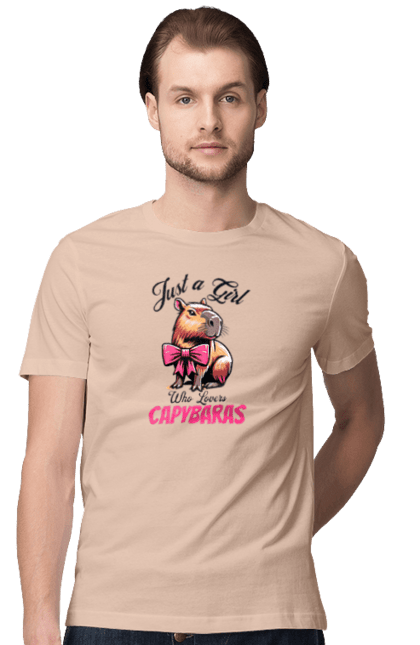 Men's t-shirt with prints Capybara. Animal, bow, capybara, pink, rodent. 2070702