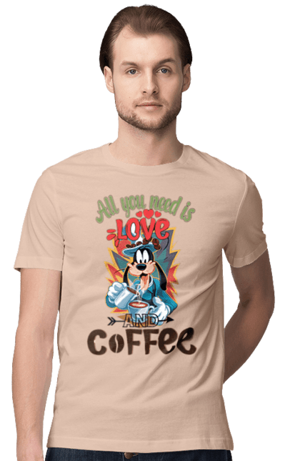 Men's t-shirt with prints Goofy Coffee. Animated series, cartoon, coffee, cup, disney, dog, goofy. 2070702