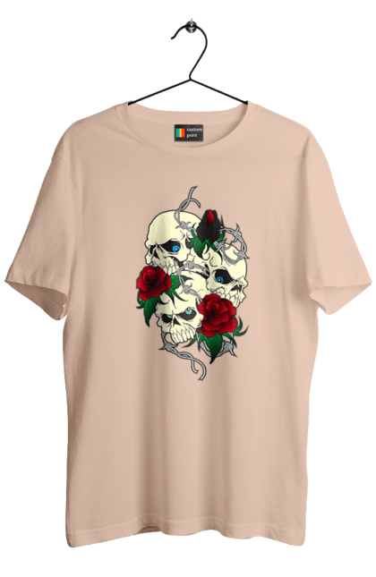 Men's t-shirt with prints Skulls with roses. Bones, eyes, flowers, leaves, rose flower, roses, scull, spikes, teeth. 2070702