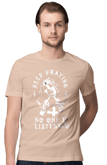 Men`s t-shirt with prints Keep praying no one is listening. Cool, fak, fashionable, is listening, keep praying, no one, nun, stylish. 2070702