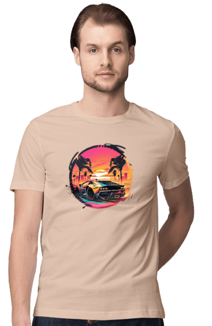 Футболка чоловіча з принтом "Ламборджині Ретровейв". Авто, автомобиль, ламба, ламборджині, машина, машини, ретровейв. 2070702