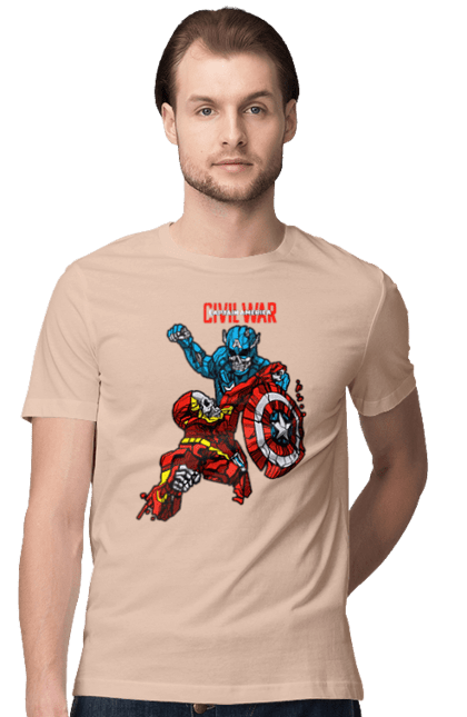 Men's t-shirt with prints Iron Man vs Captain America. Avengers, captain america, civil war, comic, comics, film, iron man, marvel, marvel comics, tony stark. 2070702