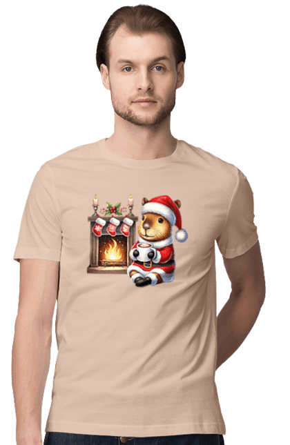 Men's t-shirt with prints Capybara by the fireplace with hot chocolate. Animal, capybara, christmas, christmas capybara, fireplace, gift, holiday, hot chocolate, new year, santa. 2070702