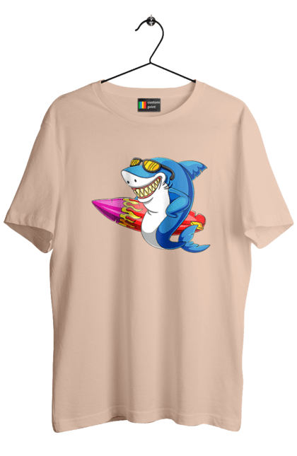 Футболка чоловіча з принтом "Акула В Окулярах З Серфінгом". Акула, літо, окуляри, серфінг. 2070702