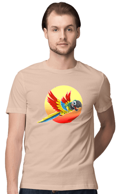 Футболка чоловіча з принтом "Папуга На Тлі Сонця". Ара, веселий, відпочинок, відпустка, диск, жарко, жовтий, коло, кольоровий, крила, літає, літо, папуга, папужка, пір`я, політ, помаранчевий, птах, різнокольоровий, сонце, сонячно, спека, тепло, тропіки, у польоті, червоний. 2070702