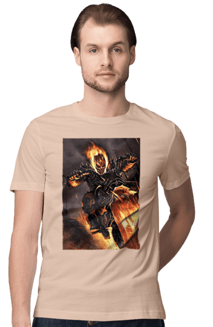 Футболка чоловіча з принтом "Пекельний Гонщик". Вогонь, мотоцикл, пекельний гонщик, скелет, чоппер. 2070702